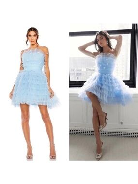 Mac Duggal | 20529 Feather Ruffle Strapless Tulle Fit And Flare Mini Dress New 4